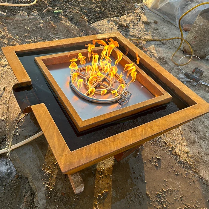Square Outdoor Weather Resistant Steel Brazier with Water Feature Waterfall Fire Bowl