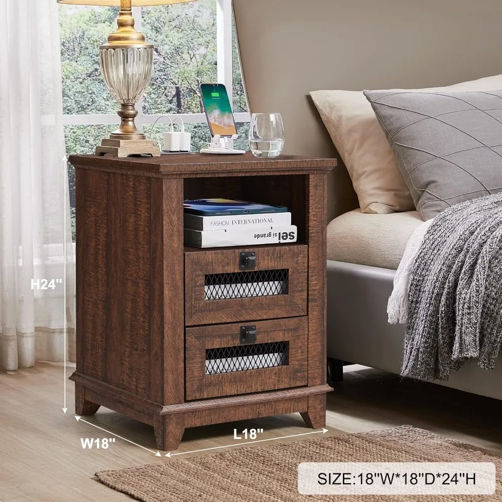 Nightstand with charging station, industrial & farmhouse end table with 2 drawers & open cubby, rustic mesh drawer