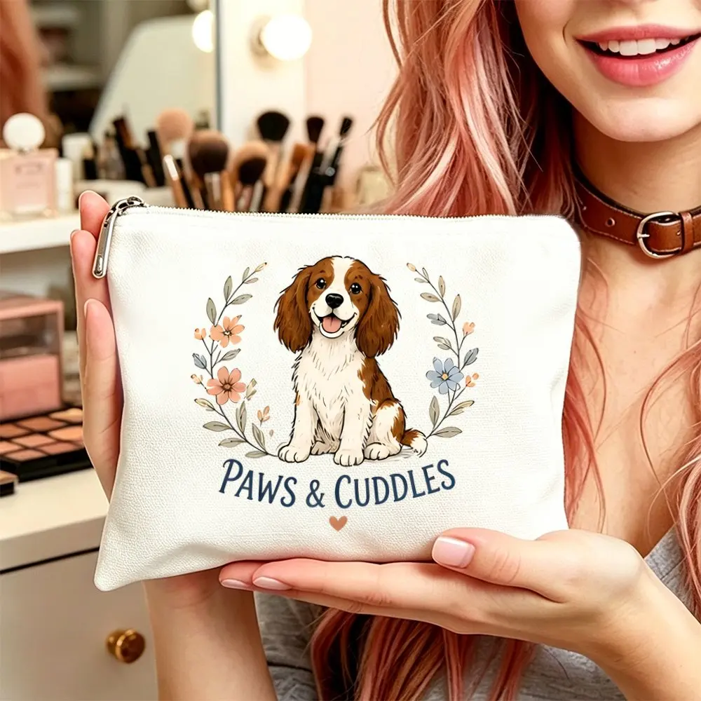 1pc Paws and Cuddles Dog Floral Makeup Bag Toiletry Pouch Women Travel Birthdays Gifts Zipper Closure Cosmetic Paws Print