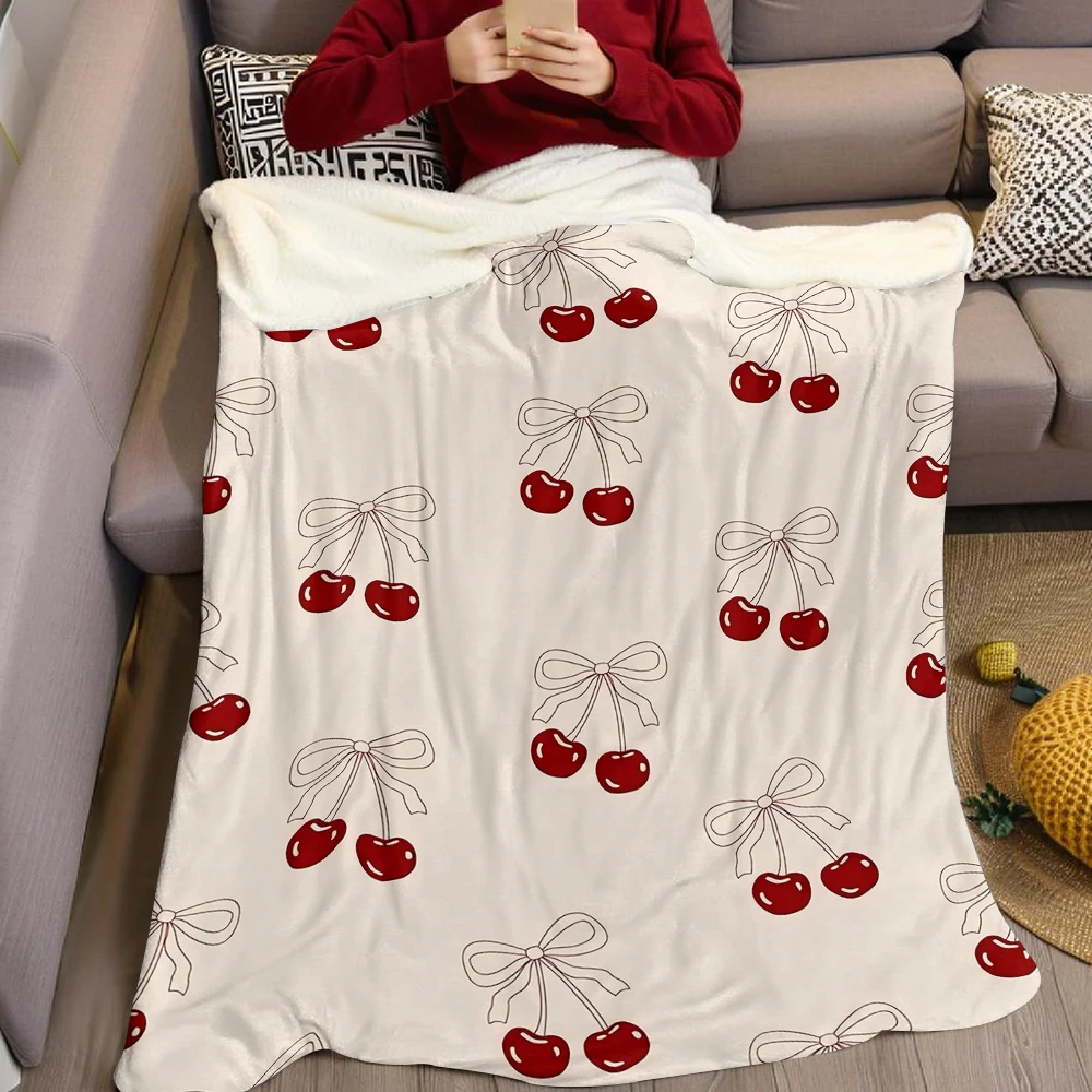 Cherry Bow Flannel Blanket Warm Soft Halloween Christmas Couch Warm Cozy Decorative Decor Gift for All Season