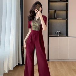 High Quality Fashion Summer High Waist Slim Jumpsuit New Elegant Women O Neck Purple Sequin Patchwork Elastic Wide Leg Jumpsuit