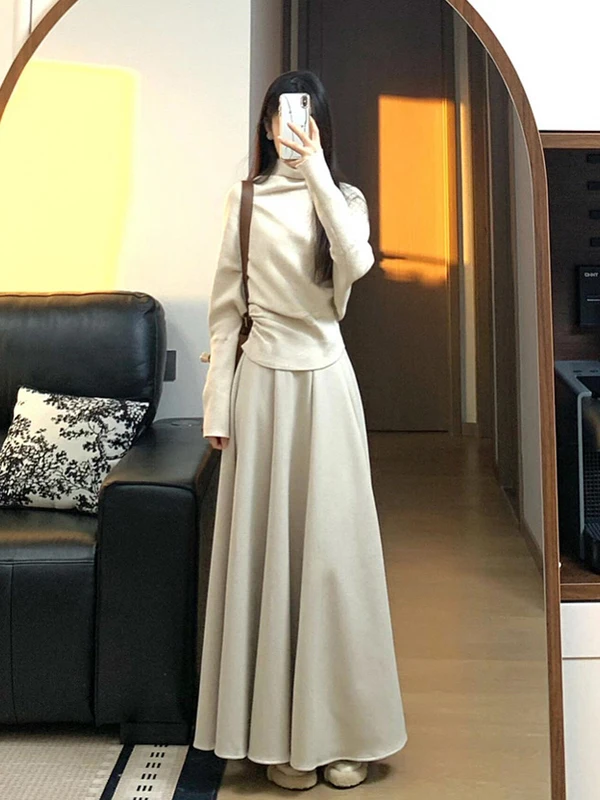 

Ele Slimming Knitted Top And High Waist Midi Skirt Two Piece Set for Women Comfortable Long Sve High Collar Faionabl...