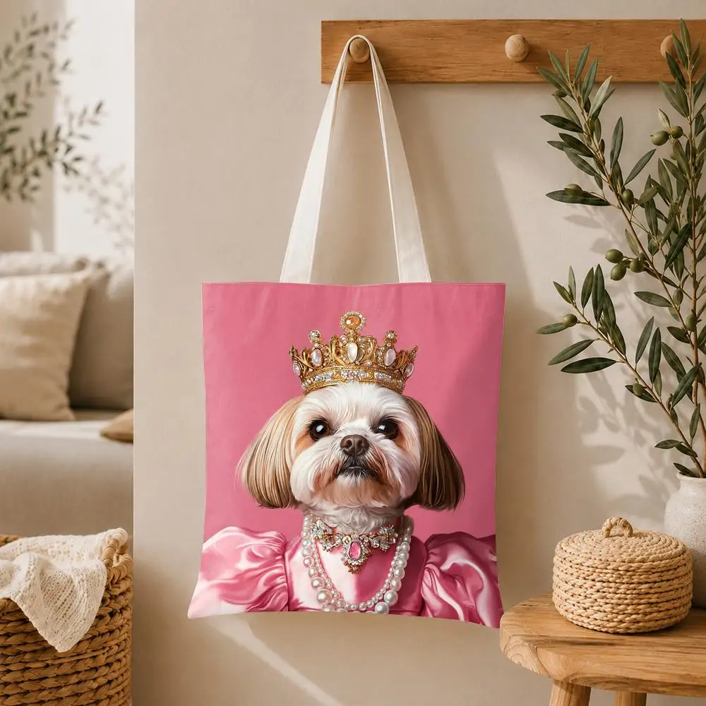 Cute Royal Pet Portrait Storage Bags Large Capacity Canvas Tote Bag Double-Sided Print Shoulder Handbag for Daily Shopping