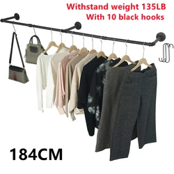 184cm Bedroom Garment Home Rail Multipurpose Wall Mounted Industrial Pipe Clothes Rack Space Saving Hanging Shelf with 10 Hooks