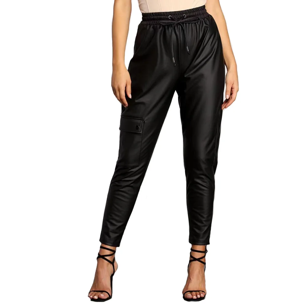 High Waist PU Leather Trousers Women Casual Loose Bloomers With Office Matte Patent Leather Elastic Band Stretch Pencil Pants