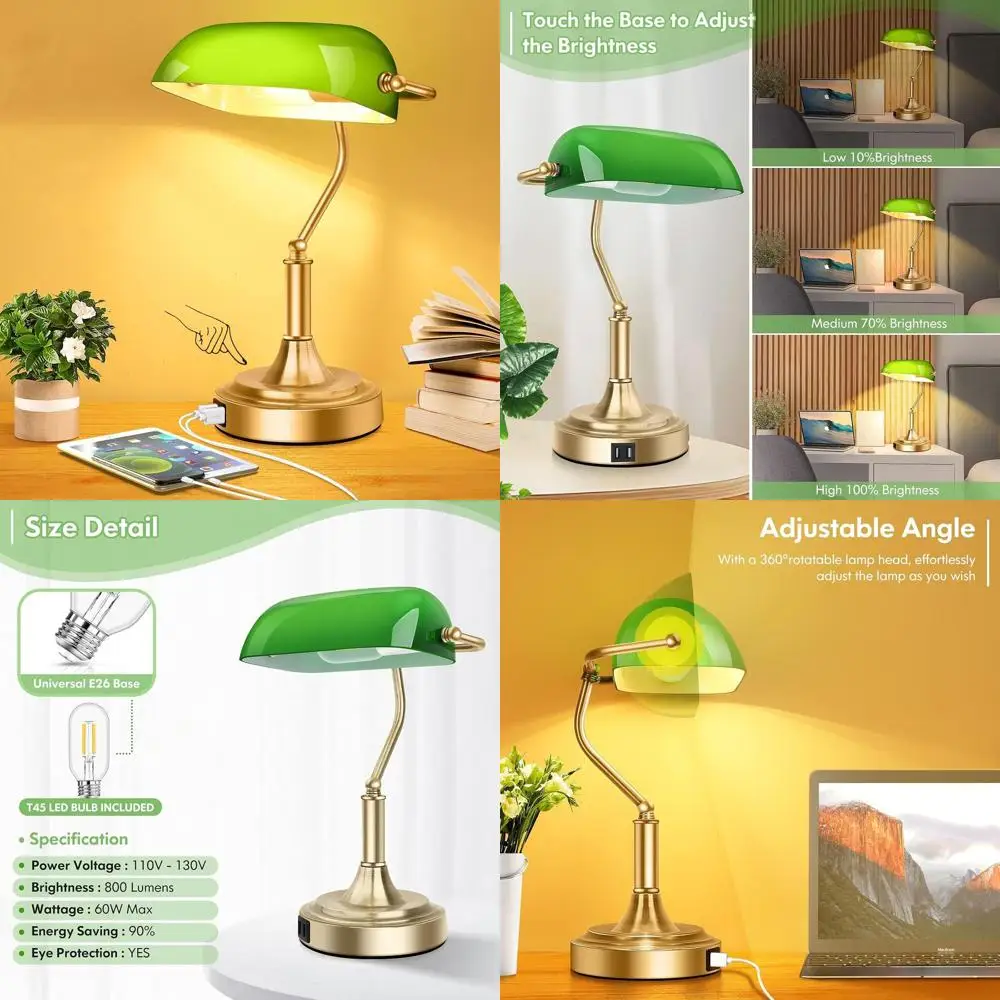 

Touch-Activated 3-Way Dimmable LED Desk Lamp with 2 USB Ports, Green Glass Shade and Brass Base for Home, Office, and Study