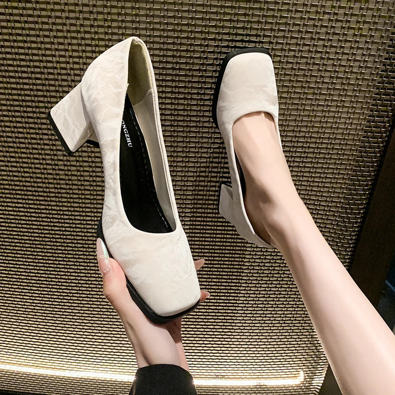 موضة ساحة تو مضخة النساء حذا فردي للسيدات أنيقة مكتب النساء كعب سميك الربيع حفلة الكرة أحذية ماري جين أحذية عالية الكعب #4