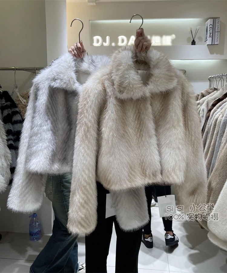 韓国スタイルのファッションエレガントな暖かいフェイクファーコート女性のための冬スタンドカラーシングルブレスト多用途豪華なショートジャケット