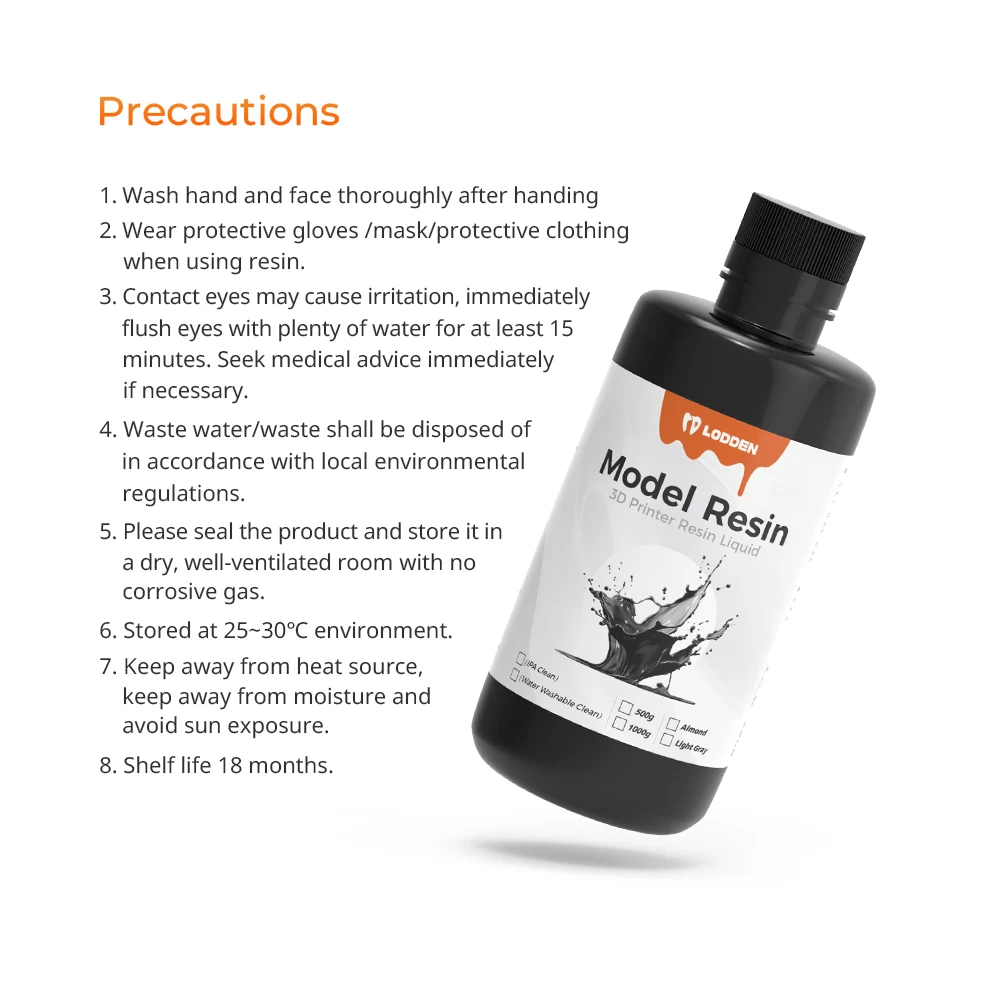 Lodden 3D Printer Resin 385/405nm High Precision Water Washable LCD Printing Resin IPA Clean Model Material 0.5kg 1kg