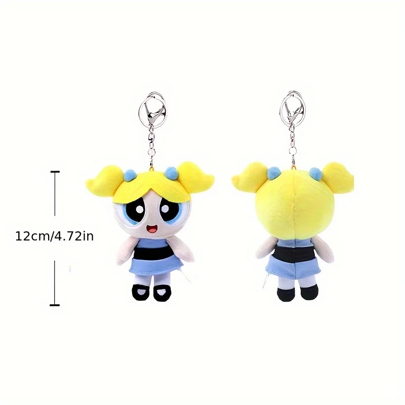 Echter 12–13 cm Powerpuff Girls 2-1 Plüsch-Schlüsselanhänger, Blasen, Butterblumen-Puppen-Anhänger, süßes Mädchen, Herz, Tasche, hängende Dekoration, Moe