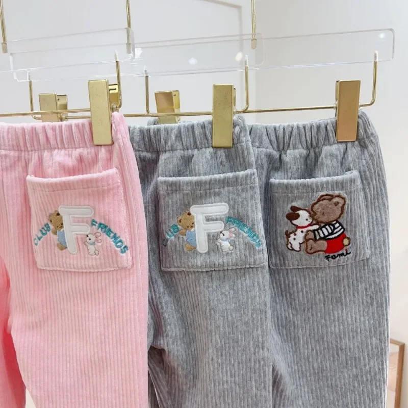 Japanese Winter  Kids Pants  Cartoon Bear Striped Velvet Casual Pant  Girls Pants Baby Boy Clothes Roupa Infantil  Bottom