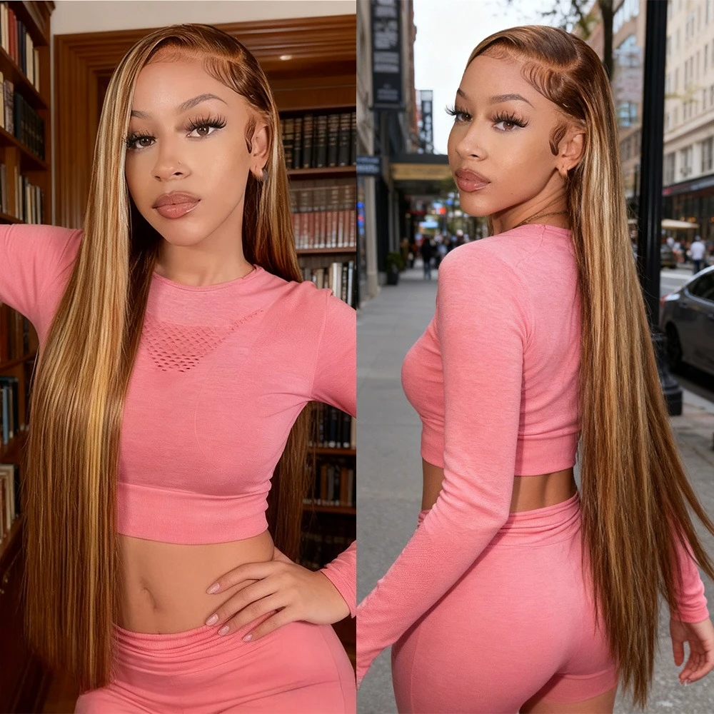 العسل شقراء 4/27 تسليط الضوء على مستقيم أومبير الدانتيل الجبهة الباروكات 13x6 شفافة HD الدانتيل الجبهة الباروكات شعر الإنسان للمرأة 220 الكثافة #3