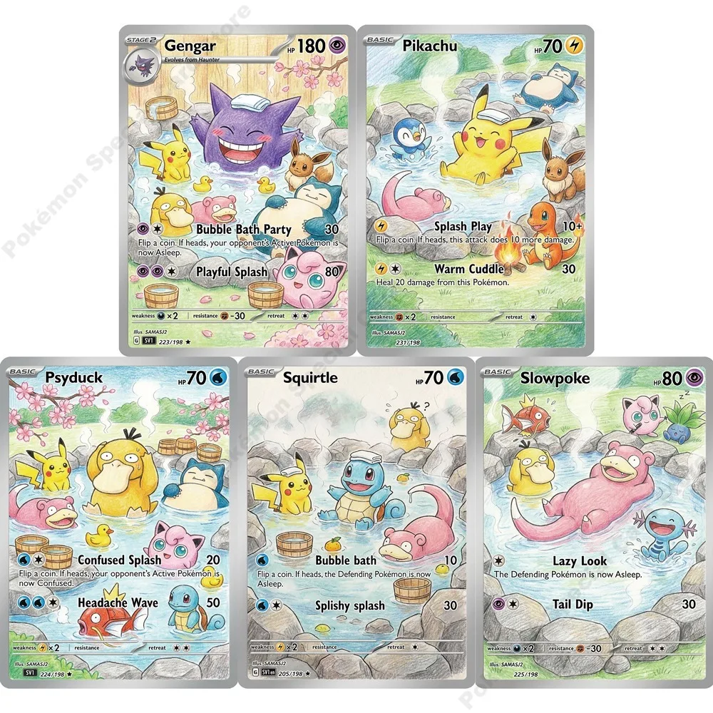 5Pcs PTCG Cards Gengar Squirtle Psyduck Slowpoke Soak in A Hot Spring Series PTCG Collection Cards Holo Cards PTCG Gift