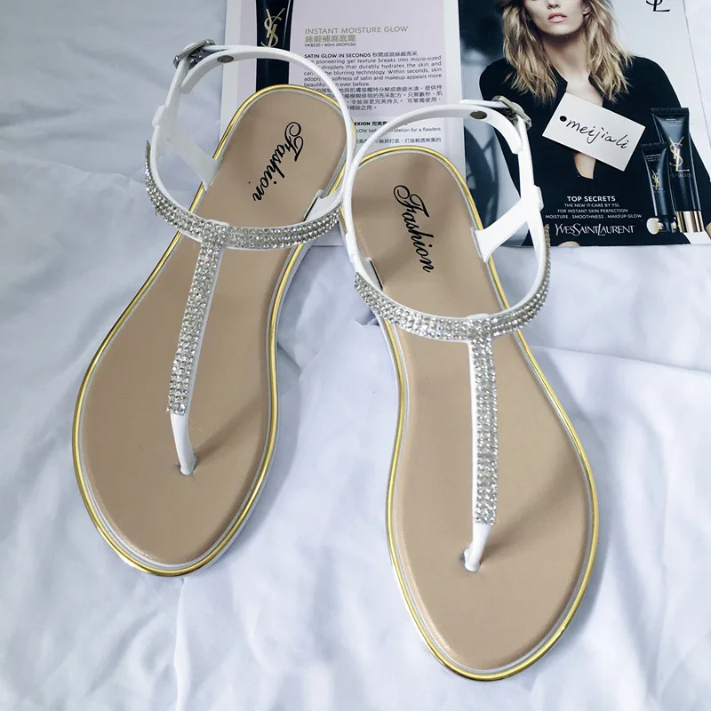 Comemore Women Sandals Rhinestone Roman Flat Shoe Women\'s Flip Flops Fashion White Ladies Shoes 2023 Comfortable Summer Footwear