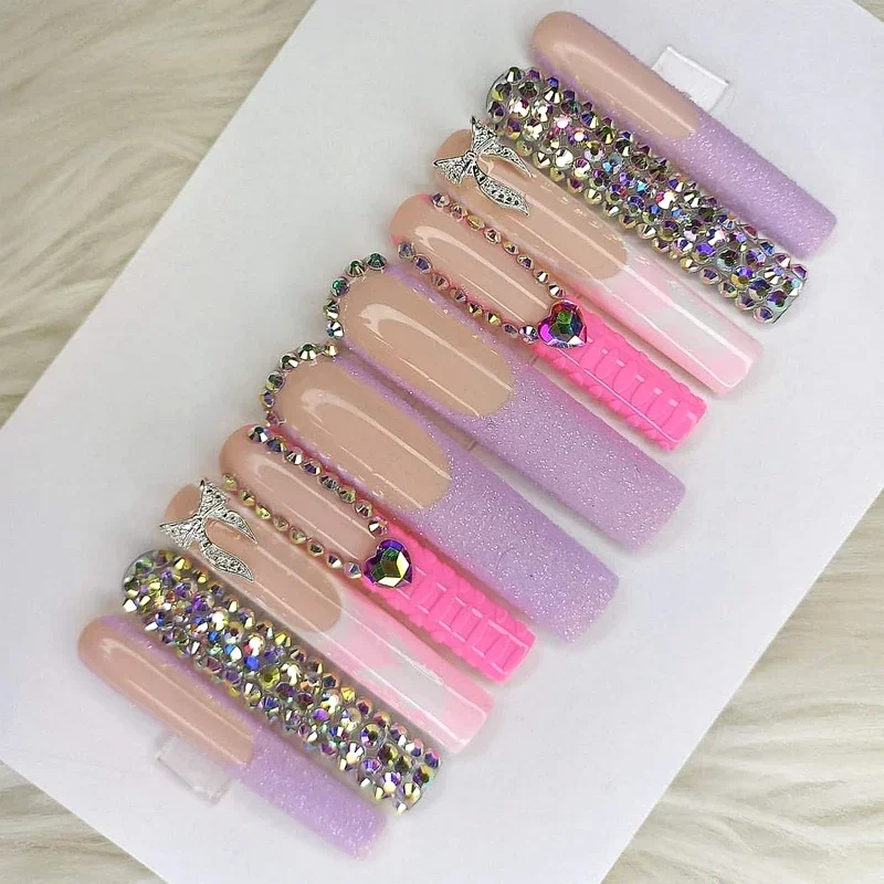 Handmade 5CM XXXL Long Press On Nails Y2K Glitter Rhinestone False Nails Reusable Thick Acrylic Fake Nail With Glue Manicure