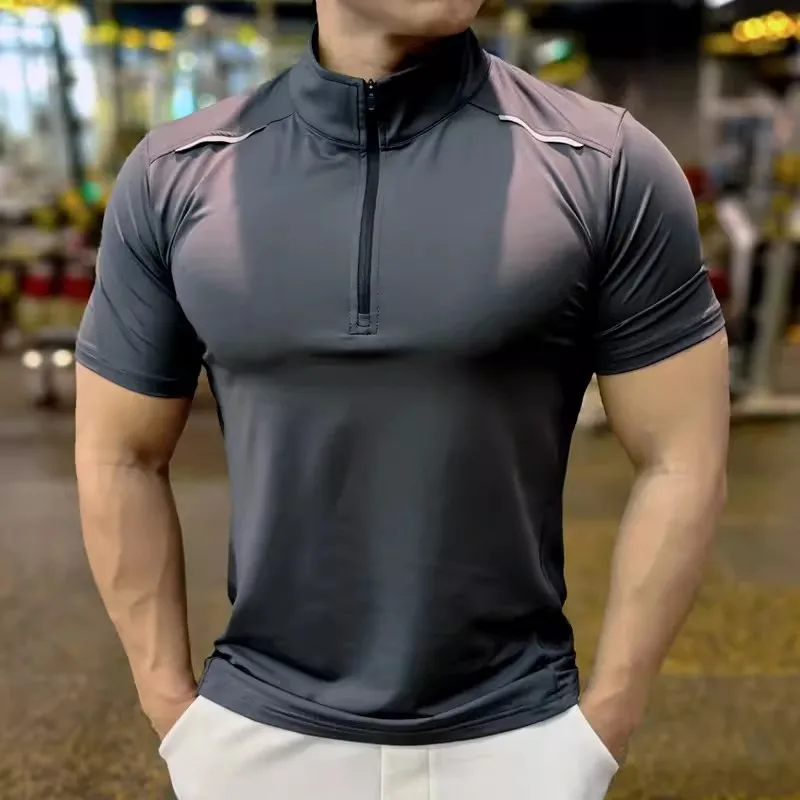 

2024 Running Gym Men T Shirt Casual Summer Slim Tops Tees elastic T-shirt Sports Fitness Quick dry zipper Stand collar T Shirt