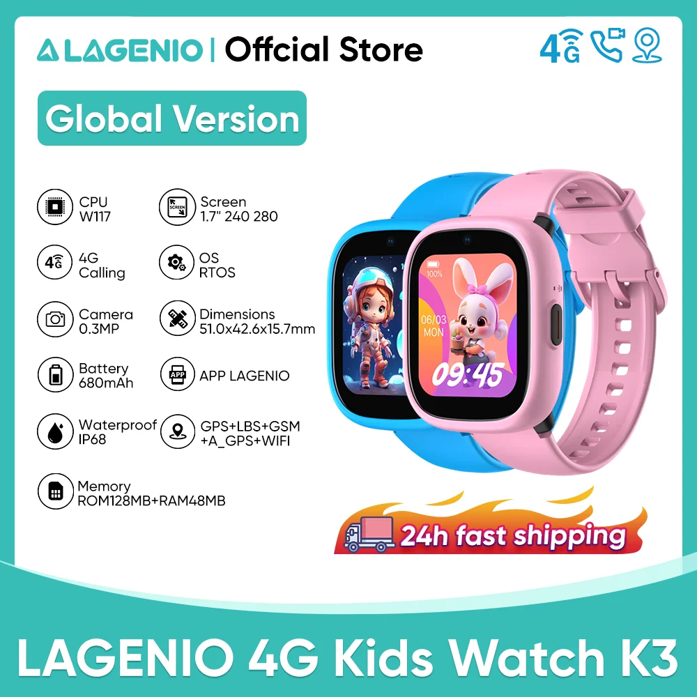 

Global Version LAGENIO 4G Kids Watch K3 Smart Watch Video Call Phone Watch Waterproof SOS GPS Location Sim Card Child Smartwatch