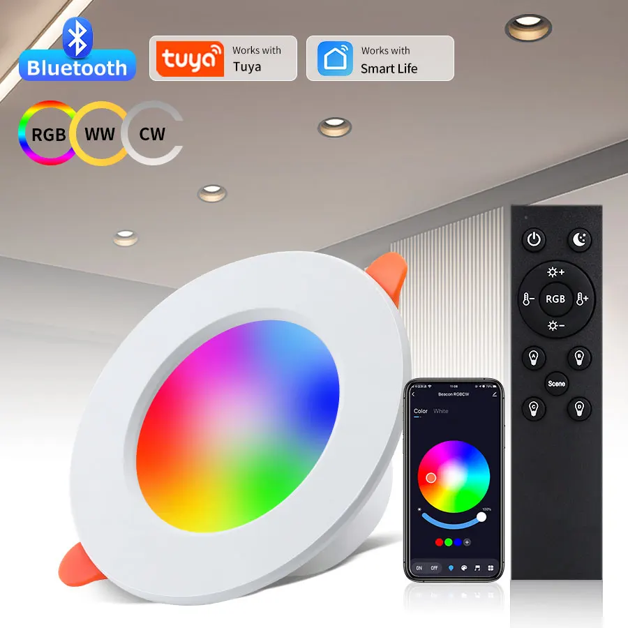 Tuya Smart Bulb Bluetooth Dimmable LED Downlight RGB 220V 110V Smart Lamp With Remote Control Smartlife APP Control Group