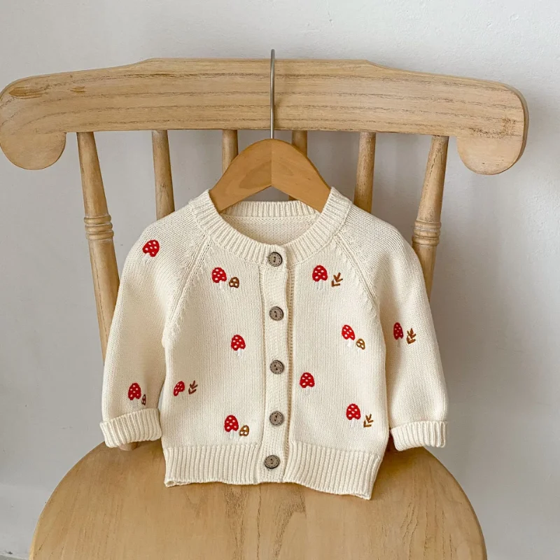 2024 Spring Autumn Kids Baby Girls Mushroom Embroidered Sweater Coat Sleeveless Rompers Overall Newborn Toddler Clothes 0-3Y