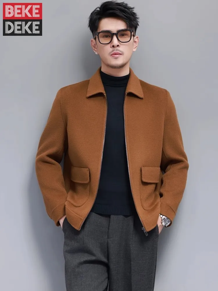 Business Casual Mens New Autumn Winter Woolen Coat Zipper Turndown Collar Solid Color Outerwear Fashion Design Mens Short Jacket