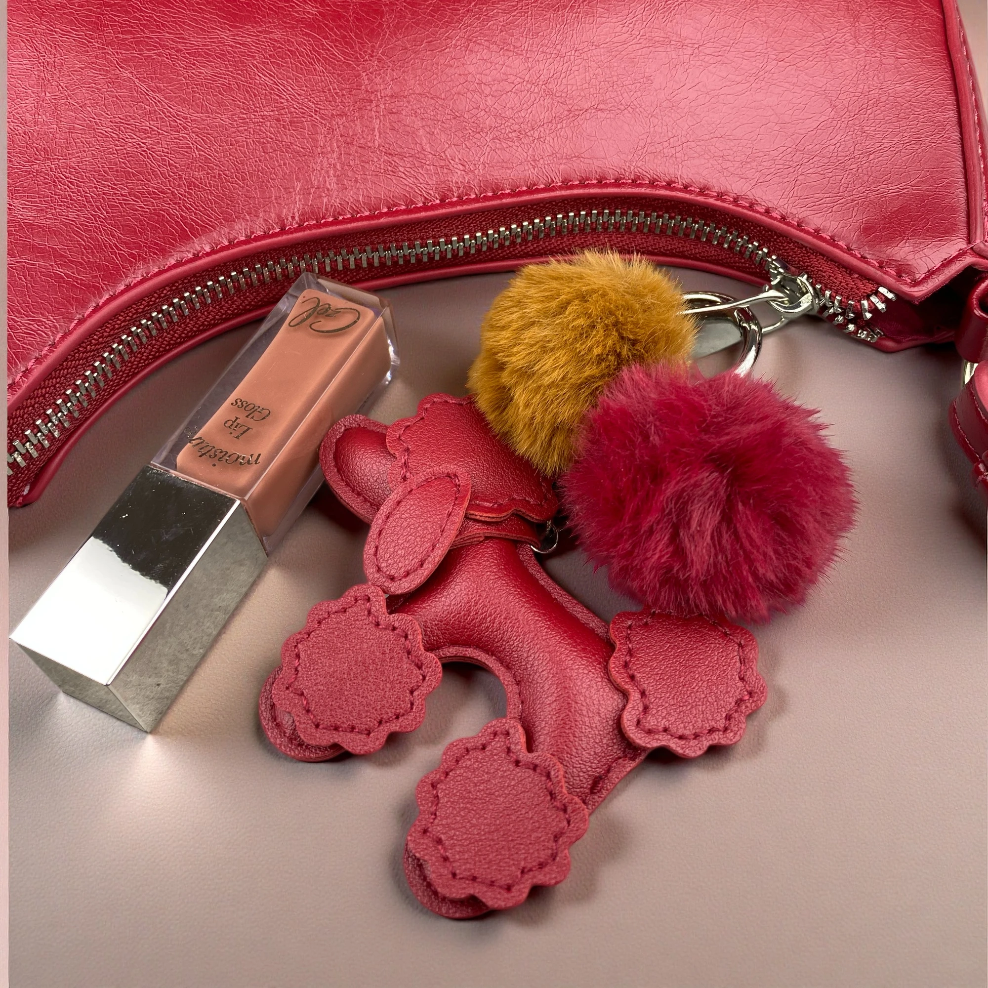 Cute PU Leather Poodle Dog Keychain with Plush Pom Poms, Dog Bag Charm & Purse Hanging Pendant, Dog Lover Gift, Puppy Keyring