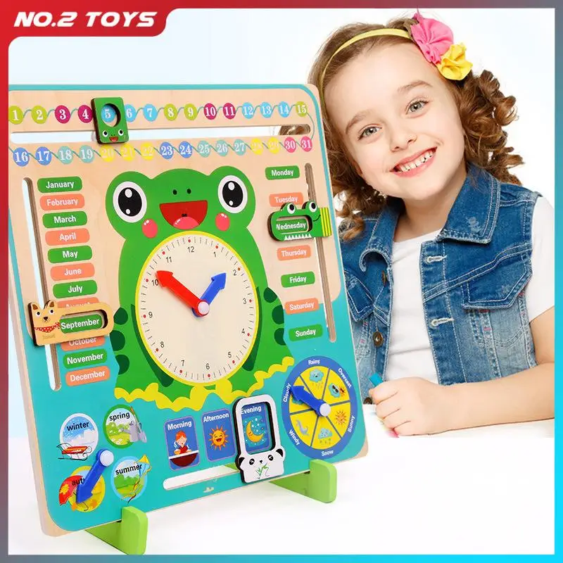 Drewniana żaba czas poznanie zabawki Montessori dla dziecka pogoda sezon kalendarz zegar wielofunkcyjna wczesna edukacja zabawka dla dzieci