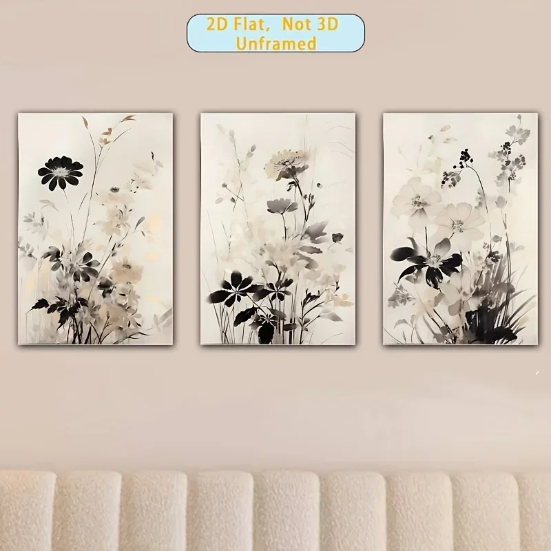 2D Flat, 3pcs Set, 2D Flat Print, 3 Unframed Canvas Prints for Wall Decor, Modern Floral Art, Wildflower Art, Neutral-Toned B
