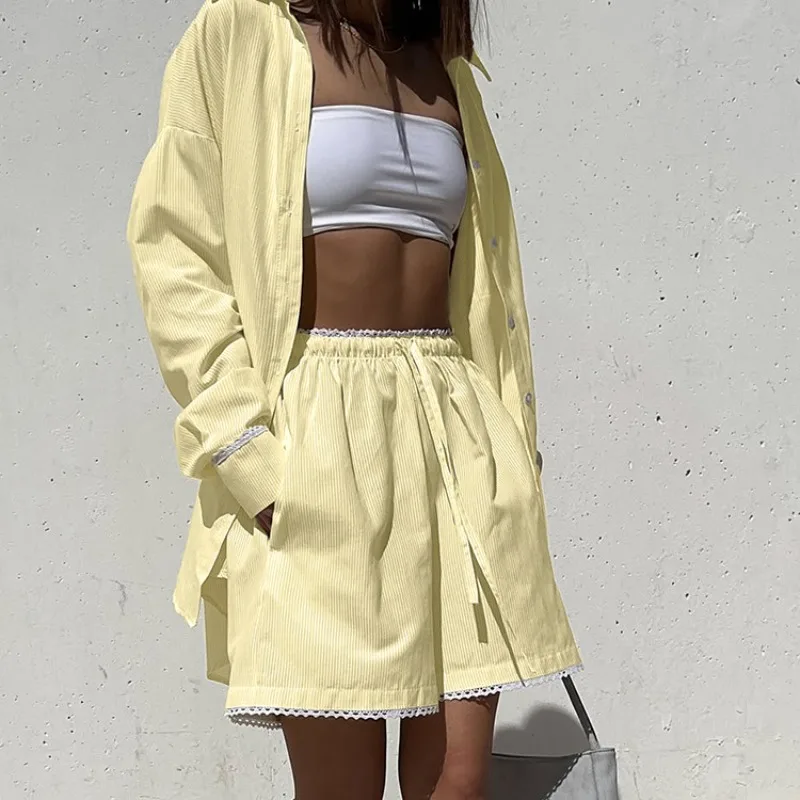 

Casual Loose Tracksuit Womens Striped 2 Piece Outfits Elegant Y2K Long Sleeve Button Down Shirts and Shorts Lounge Matching Sets