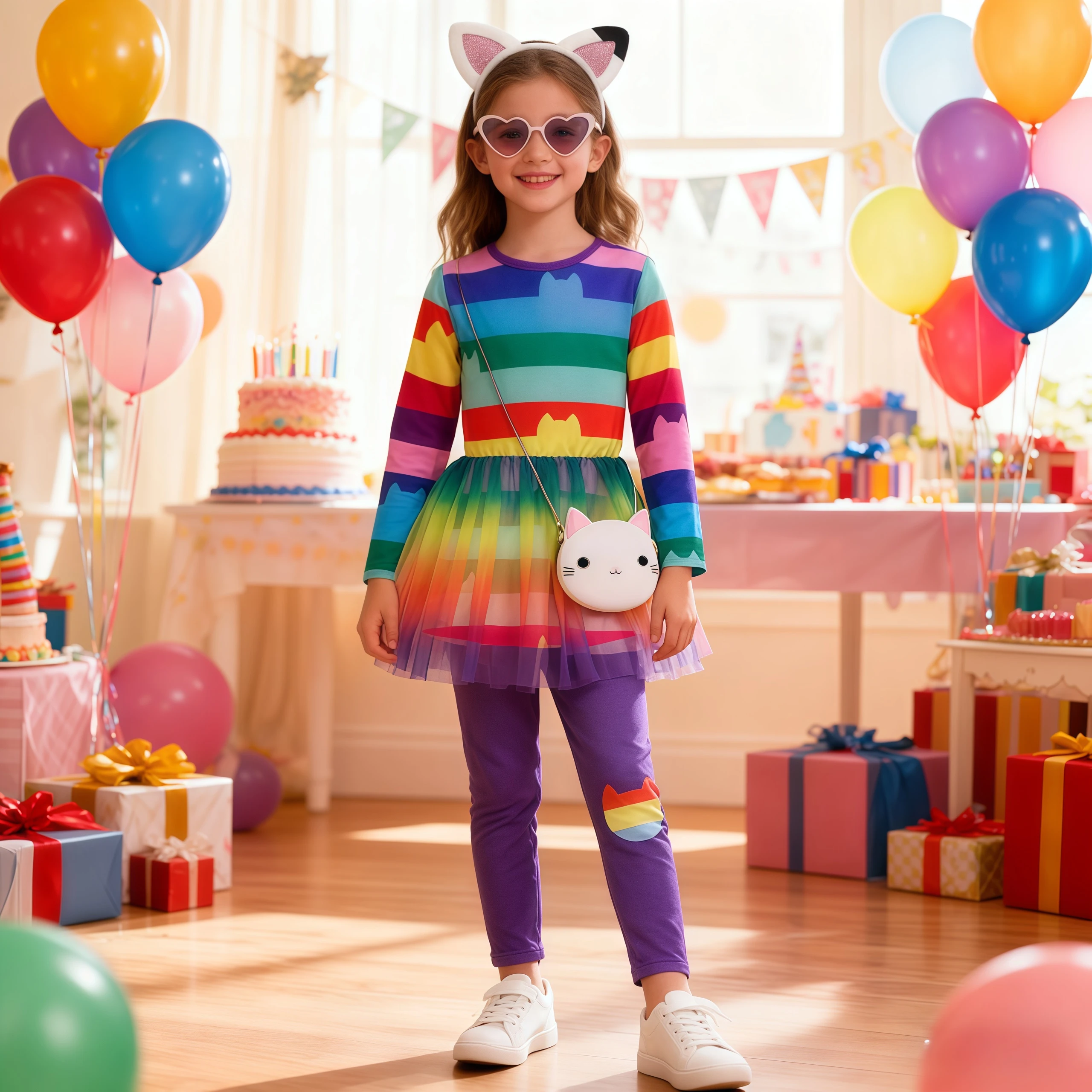 Gestreifte Mädchen-Tutu-Kleider, Oberteile mit Hosen-Sets, Herbstkleidung, Kinder-Katzen-Cosplay-Kostüm, Kinder-Geburtstagskleidung, 3-10 Jahre