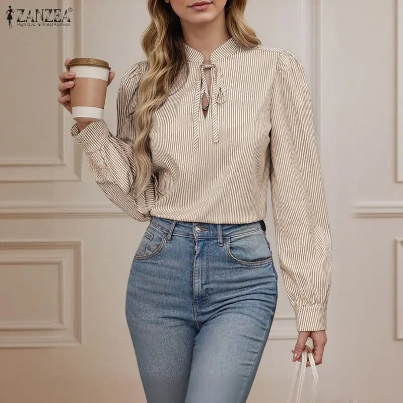 

Elegant Tops ZANZEA Fashion Striped Blouse 2025 Autumn Women Bandage Casual Loose OL Office Lady Shirts Puff Long Sleeve Blusas