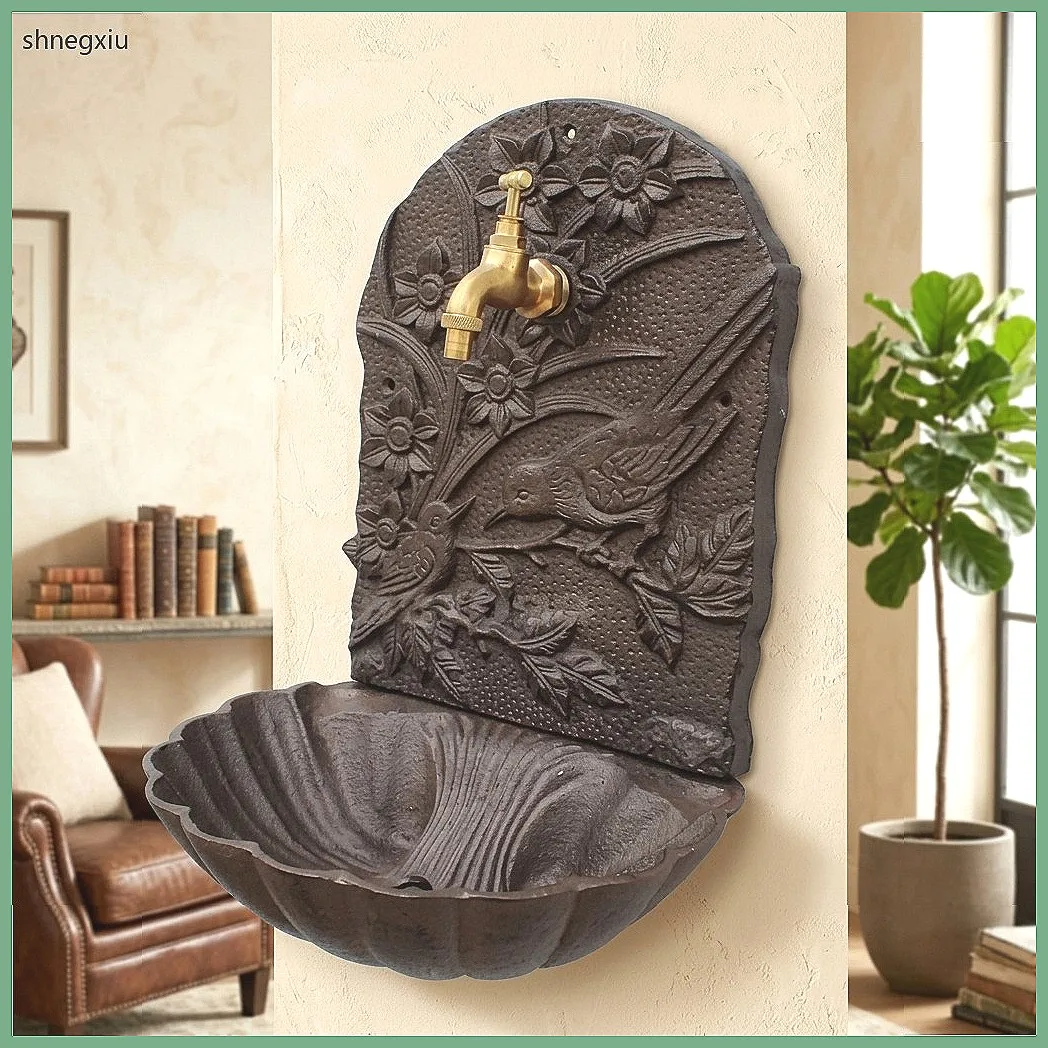 Vintage Cast Iron Wall Mounted Sink, Rustic Farmhouse Basin for Bathroom Balcony Courtyard Decor