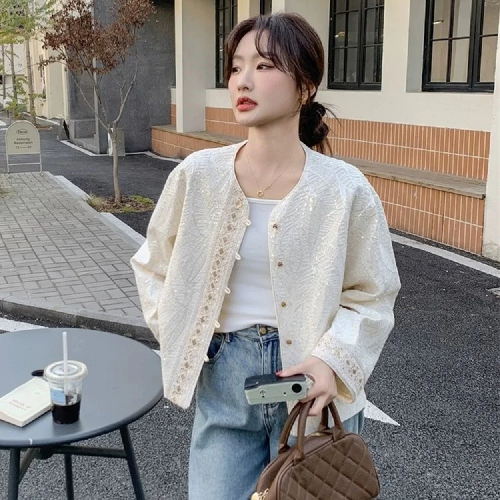 

New Chinese-style Sequin Short Jacket Women 2025 Spring Autumn New Niche Design Small Fragrance Style Trendy Gentle Top