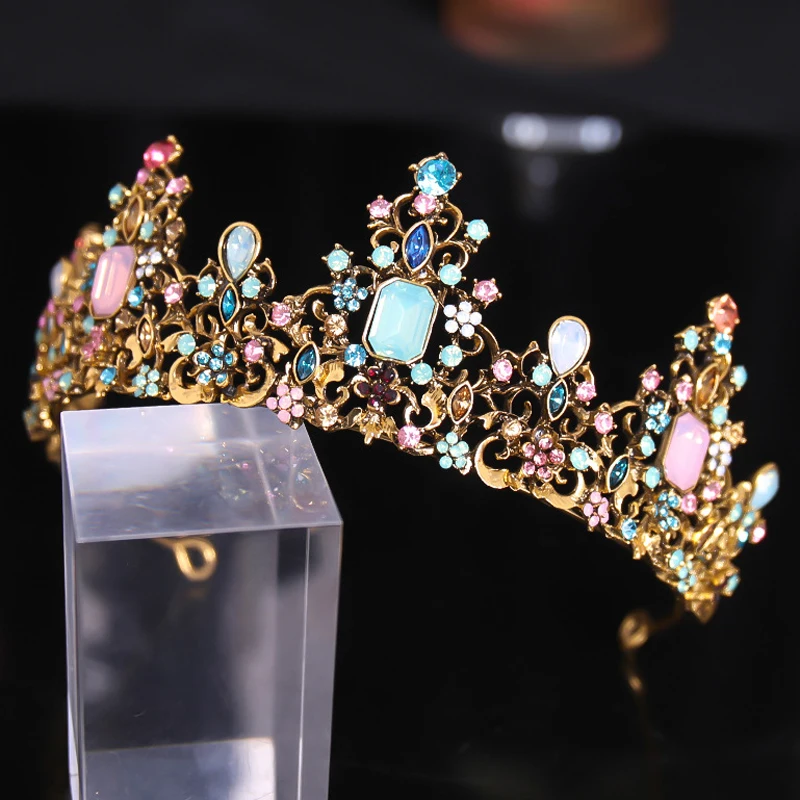 luxury crystal opal vintage queen crown headband rhinestone wedding baroque colorful tiara for women bridal hair accessories