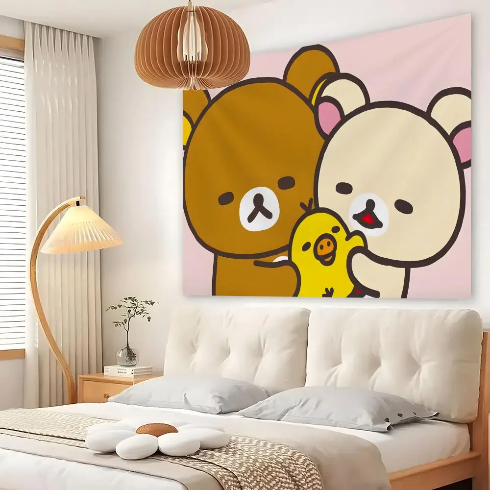 Cute Cartoon R-Rilakkuma Tapestry Custom Living Bedroom Party Dormitory Interior Wall Bohemian Decoration Attached Clip