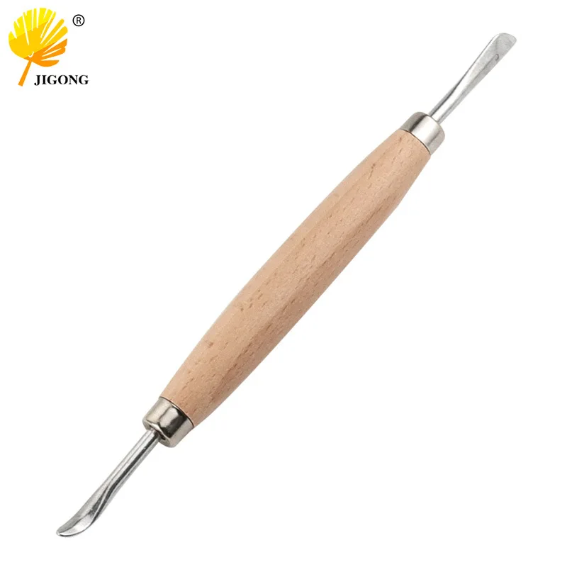 Wooden Handle Double-Headed Knife/Spoon-Shaped Creasing Tool DIY Handcraft Leather Craft Sculpture Tool