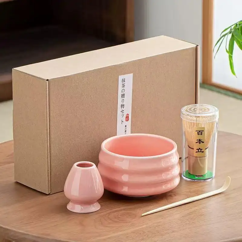 1/3/4/5-Piece Japanese-Style Ceramic Pink Matcha Bowl Set With Matcha Whisk, Whisk Holder, Tea Scoop, Tea Strainer, Tea Utensils