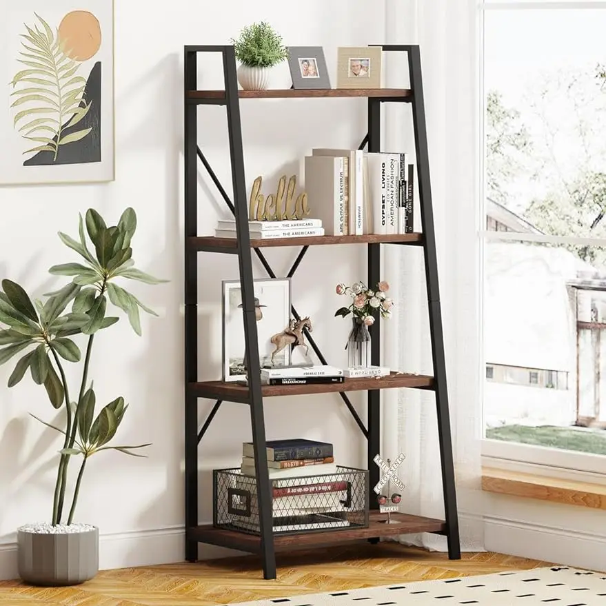 Industrial Ladder Shelf Bookcase, 4 Tier Rustic Ladder Bookshelf, Standing Leaning Book Shelves for Living Room (Rust