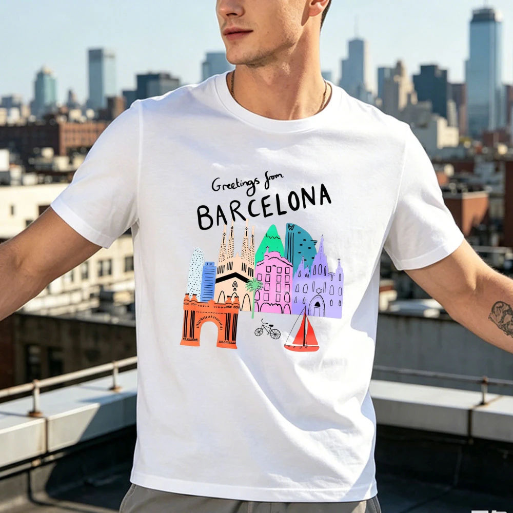 Greetings From Barcelona Graphic Tee Sagrada Familia Colorful Architecture Travel Souvenir Tops Fashion Streetwear Cotton Tshirt