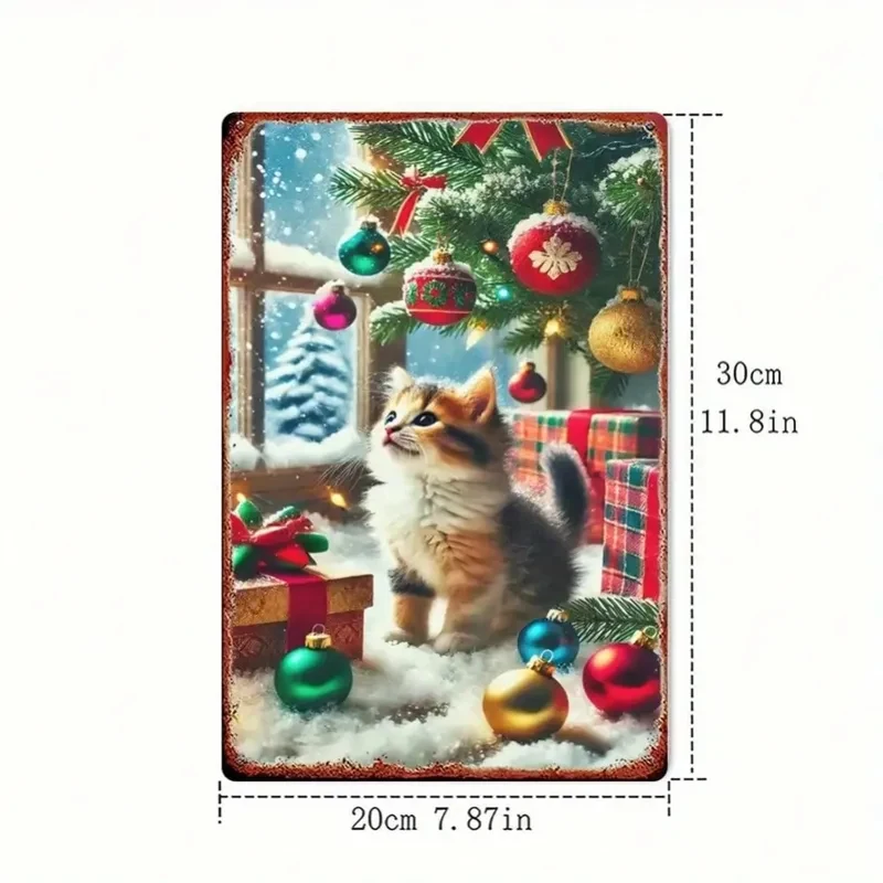 Retro Christmas Kitten & Gifts Metal Sign 8x12 Inch - Rustic Iron Wall Art for Home Farmhouse Cafe Decor,1pc