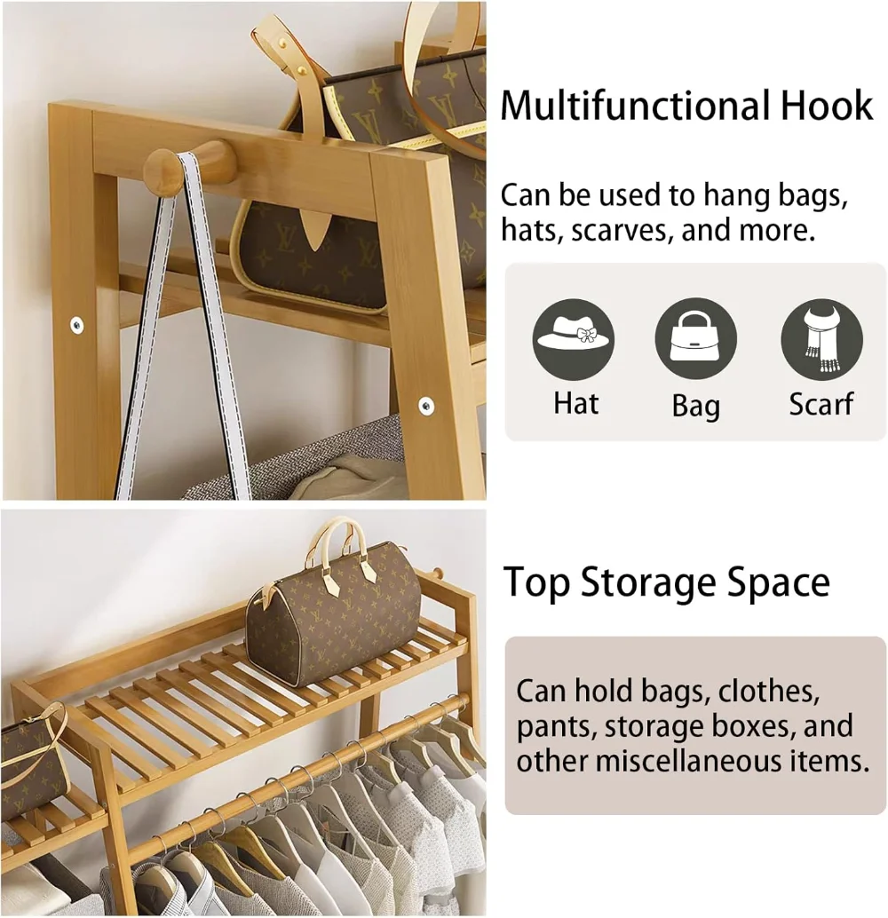 Bamboo Clothing Garment Rack 7 Tier Storage Shelf Coat Clothes Hanging Rack, Portable Wardrobe Closet Organizer With Top Shelf