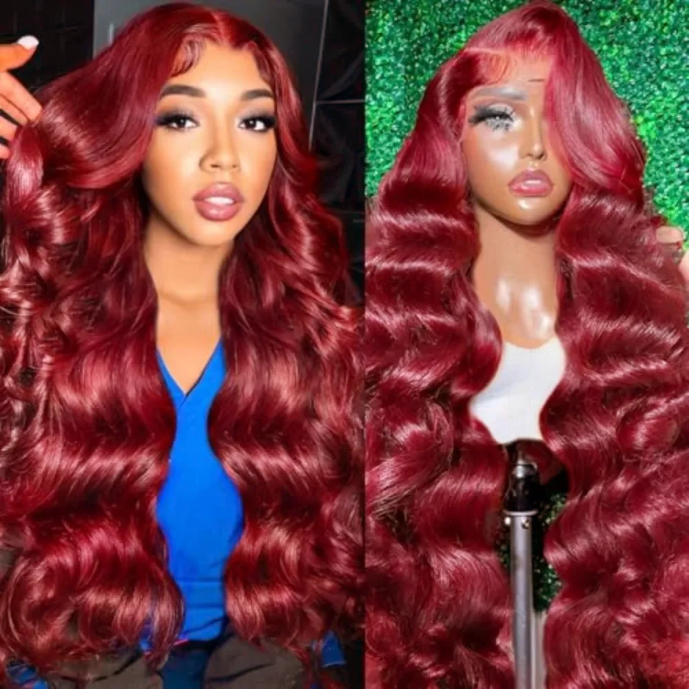 

Парик из натуральных волос Body Wave 99j Burgundy 13x6 HD Frontal для женщин, 30-36 дюймов, бразильский, красный, с кружевной передней частью, предварительно прорезанный, плотность 200%