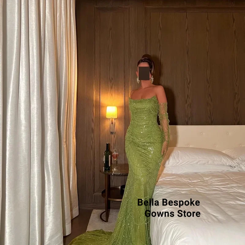 دبي فستان الزفاف حورية البحر الأخضر الترتر بدون حمالات قفازات فساتين السهرة طول الأرض فساتين السهرة حسب الطلب 2025