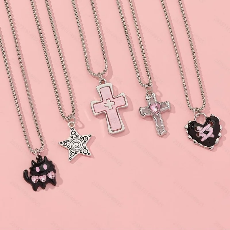 5-piece Y2K pink necklace set, black cat spiral star, pink cross shaped pendant, silver box chain, stackable women's jewelry