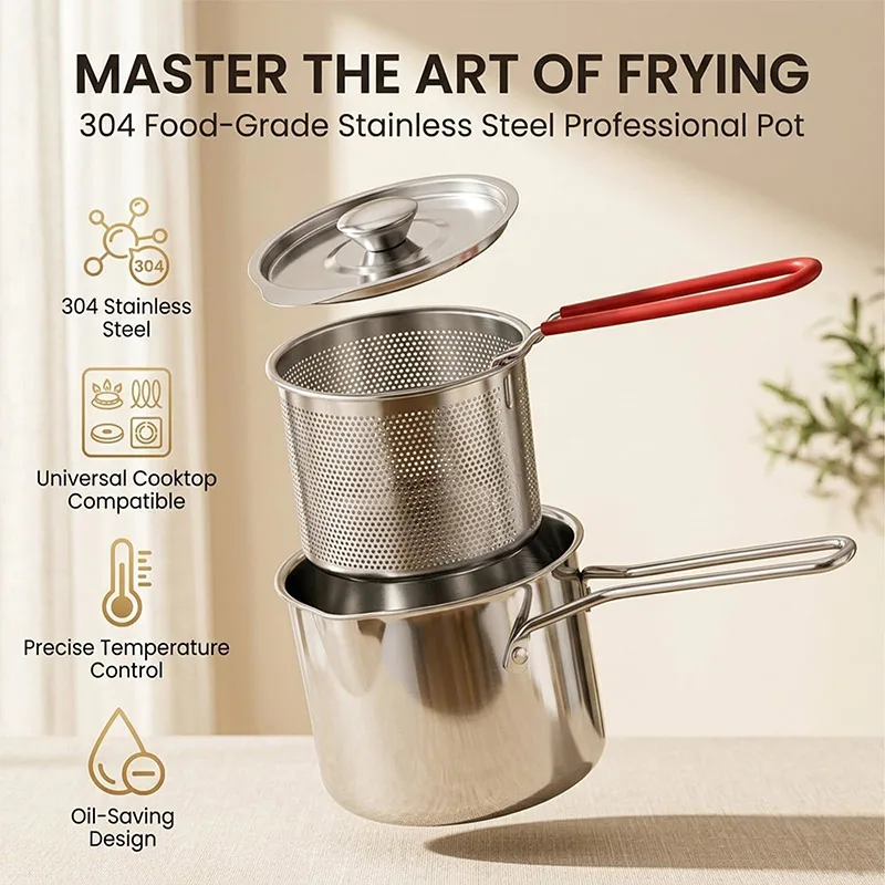 Mini Deep Fry Pot 304 Stainless Steel Deep Frying Pan With Filter Basket Oil‑Saving Kitchen Cooking Pot for Gas Stove Home Use