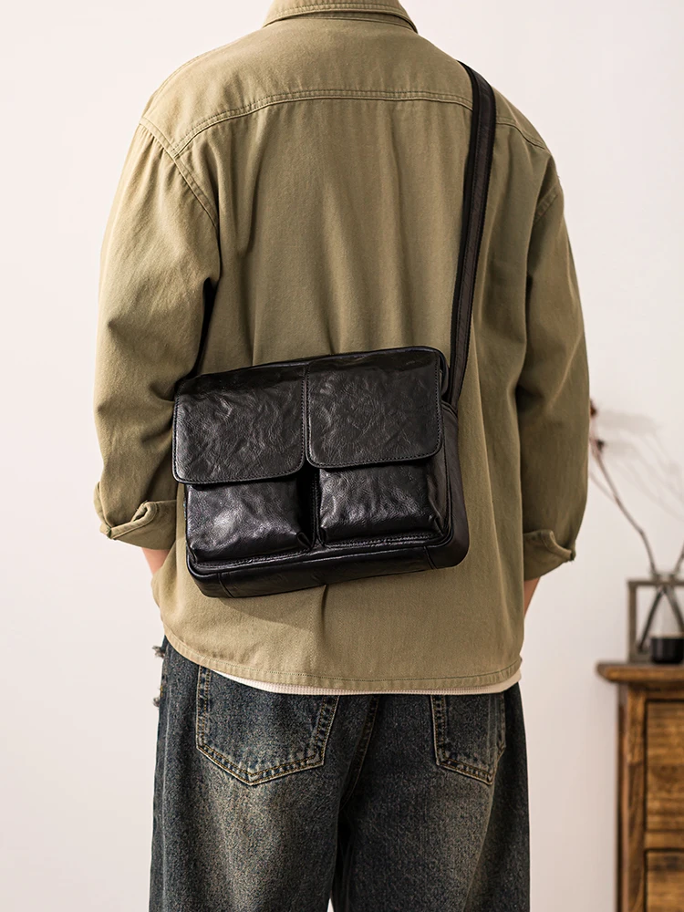 outdoor travel designer handmade genuine leather men's shoulder bag Simple casual luxury cow leather black crossbody bag