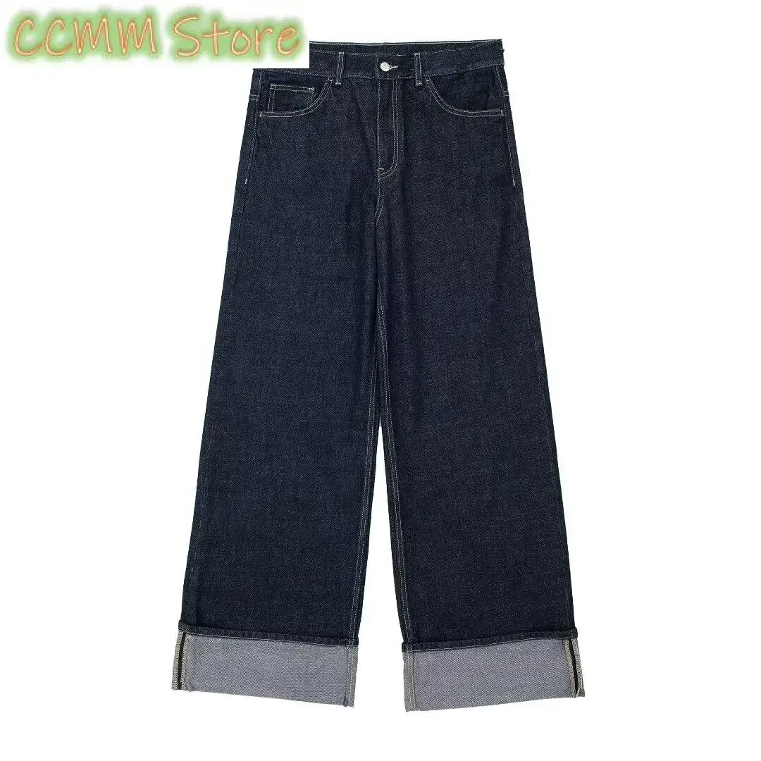 Women Fashion High Street Jeans Denim Dark Blue High Waist Zipper Fly Rolled Leg Trouser Loose Casual Wide Leg Pant Jeans