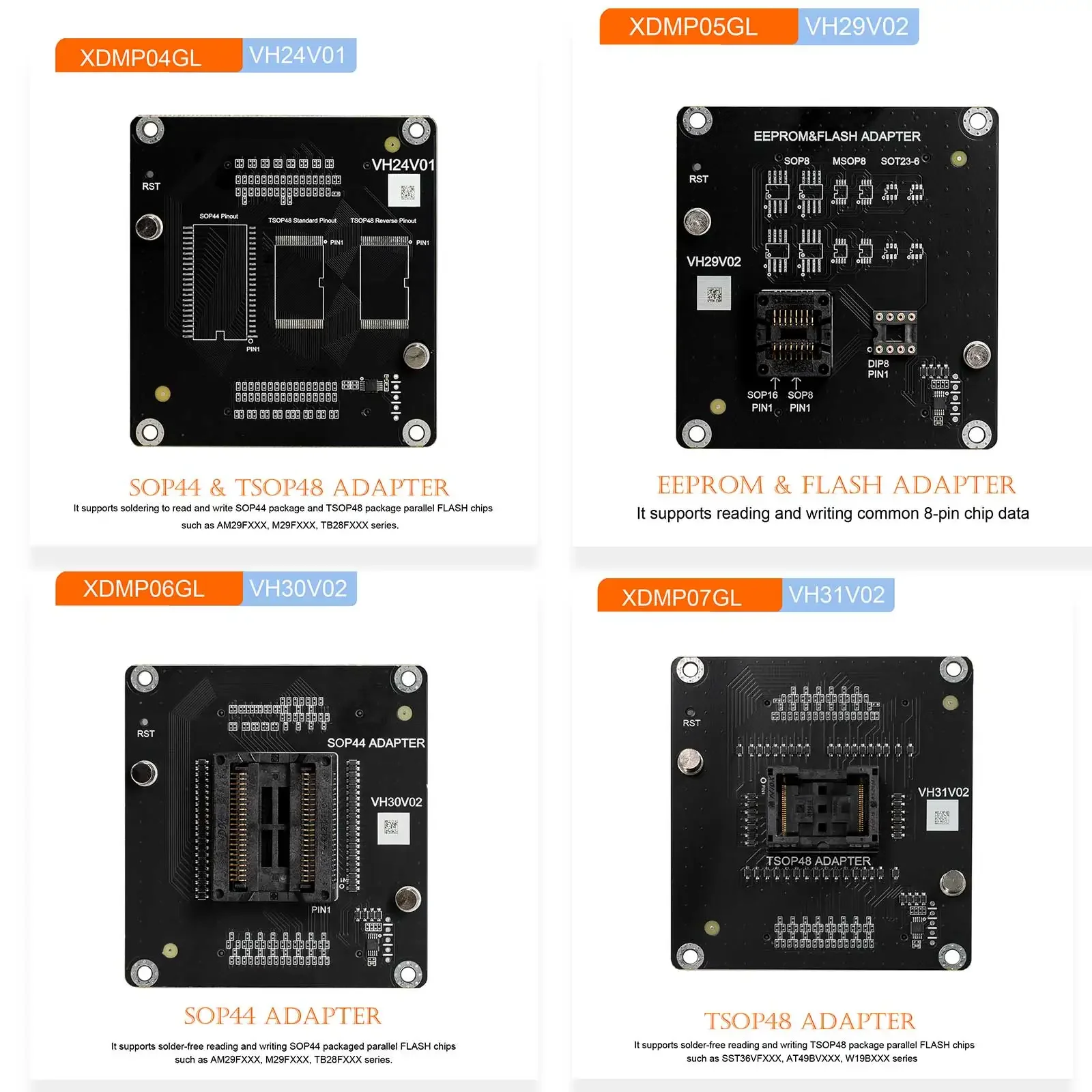 Xhorse XDMP04GL XDMP05GL XDMP06GL XDMP07GL VH24 SOP44&TSOP48 VH29 EEPROM&FLASH VH30 SOP44 VH31 TSOP48 Адаптеры для мульти-Prog Xhorse XDMP04GL XDMP05GL XDMP06GL XDMP07GL VH24 SOP44&TSOP48 VH29 EEPROM&FLASH VH30 SOP44 VH31 TSOP48 Адаптеры для мульти-Prog
