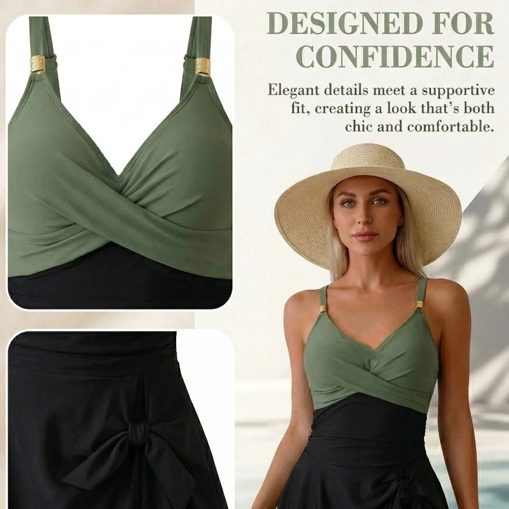 Slim Fit Women's Swimming Suit Pleated Sleeveless Summer Swimwear Beachwear Clothing V-Neck Skirt Swimsuit Summer