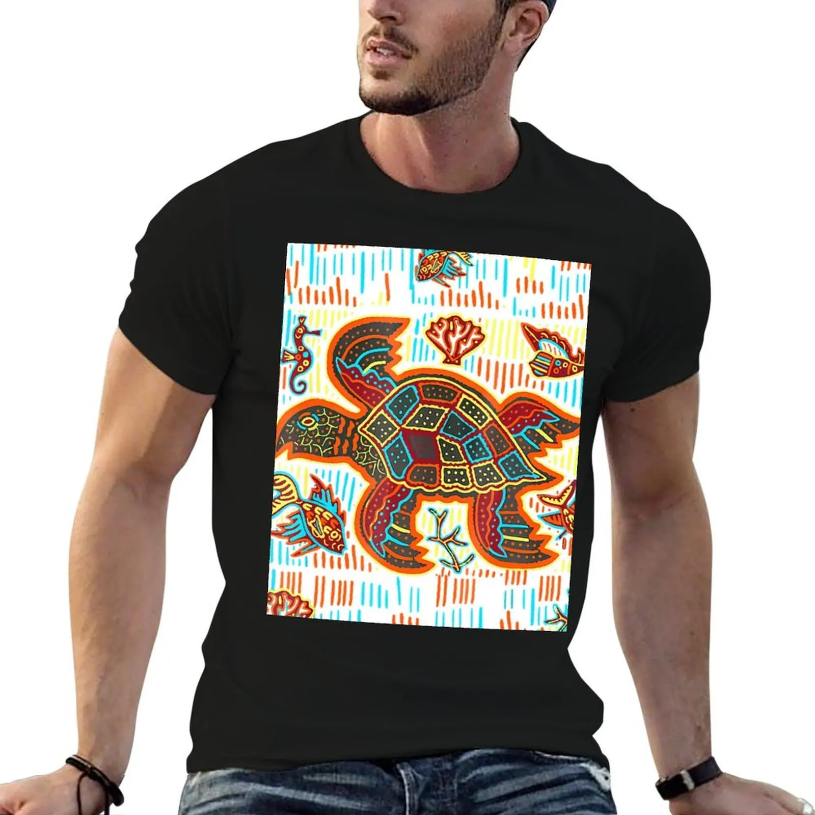 

Funny man t Panama By Artwork T-Shirt of man t shirts funny Turtle shirt cotton Mola Kuna Sea