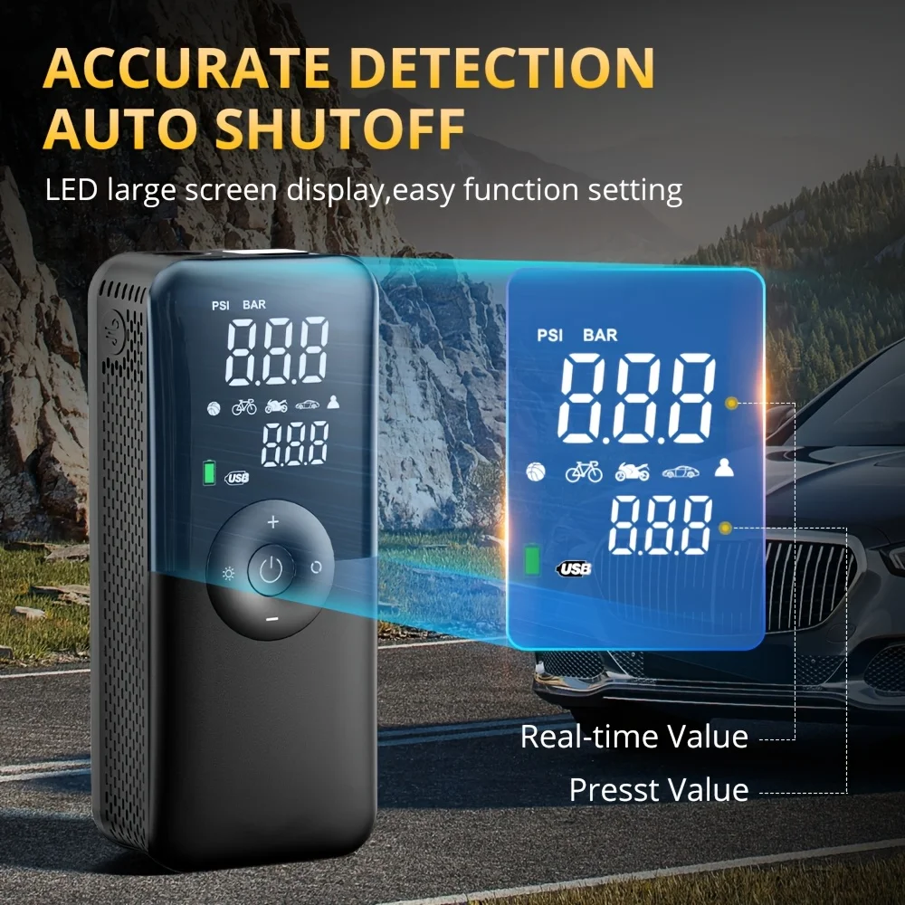 Wireless Portable Bicycle Air Pump Digital Display Tire Pressure Detection Quick Inflation LED Light Rechargeable Bike Inflator For Motocycle Bicycle Balls